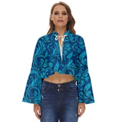 Blue Floral Pattern Texture, Floral Ornaments Texture Boho Long Bell Sleeve Top by nateshop