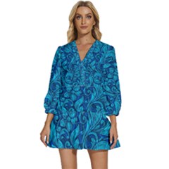 Blue Floral Pattern Texture, Floral Ornaments Texture V-neck Placket Mini Dress by nateshop