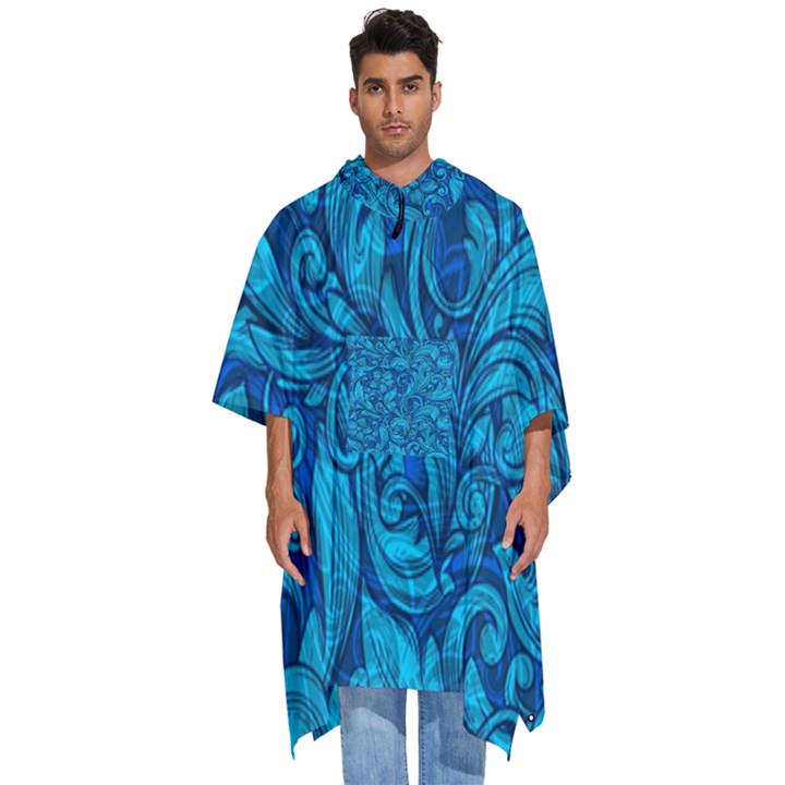 Blue Floral Pattern Texture, Floral Ornaments Texture Men s Hooded Rain Ponchos