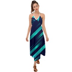 Blue Neon Lines, Blue Background, Abstract Background Halter Tie Back Dress 