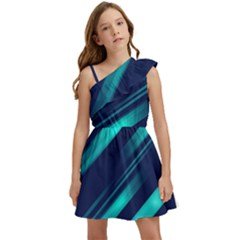 Blue Neon Lines, Blue Background, Abstract Background Kids  One Shoulder Party Dress by nateshop