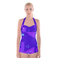 Purple Geometric Abstraction, Purple Neon Background Boyleg Halter Swimsuit  by nateshop