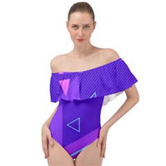 Purple Geometric Abstraction, Purple Neon Background Off Shoulder Velour Bodysuit  by nateshop