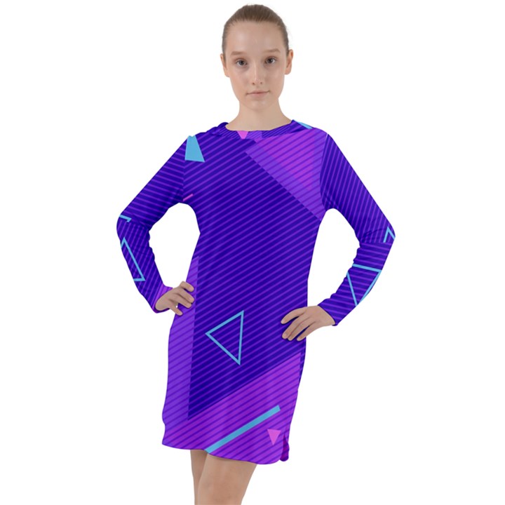 Purple Geometric Abstraction, Purple Neon Background Long Sleeve Hoodie Dress