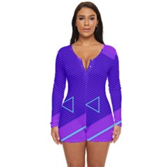 Purple Geometric Abstraction, Purple Neon Background Long Sleeve Boyleg Swimsuit by nateshop