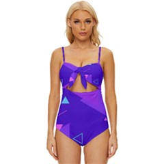 Purple Geometric Abstraction, Purple Neon Background Knot Front One-piece Swimsuit by nateshop