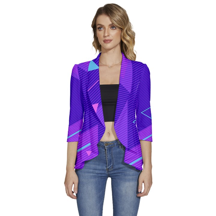 Purple Geometric Abstraction, Purple Neon Background Women s 3/4 Sleeve Ruffle Edge Open Front Jacket