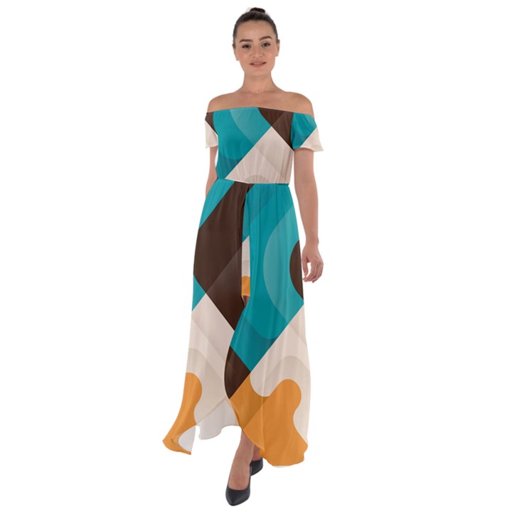 Retro Colored Abstraction Background, Creative Retro Off Shoulder Open Front Chiffon Dress