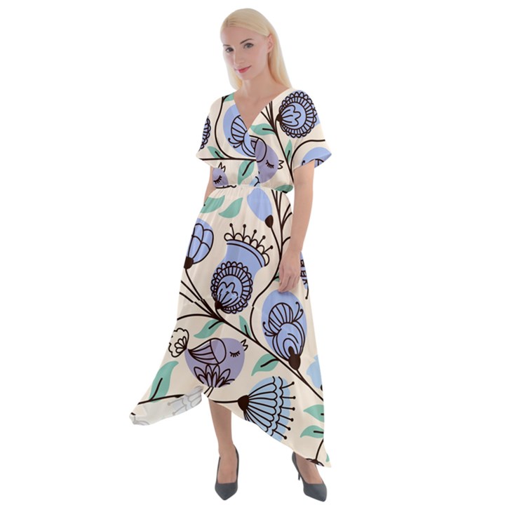 Retro Texture With Birds Cross Front Sharkbite Hem Maxi Dress