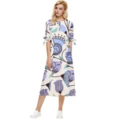 Retro Texture With Birds Bow Sleeve Chiffon Midi Dress by nateshop