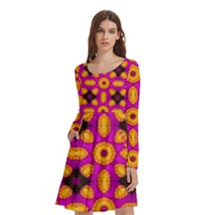 Pattern Abstract Magenta Yellow Black Circles Ovals Boxes2 Long Sleeve Knee Length Skater Dress With Pockets by VIBRANT