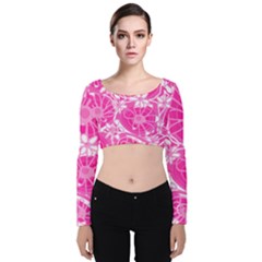 Mazipoodles Love Flowers - White Pink Too Velvet Long Sleeve Crop Top by Mazipoodles