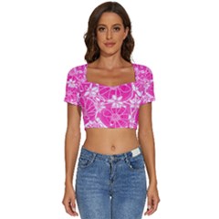 Mazipoodles Love Flowers - White Pink Too Short Sleeve Square Neckline Crop Top  by Mazipoodles