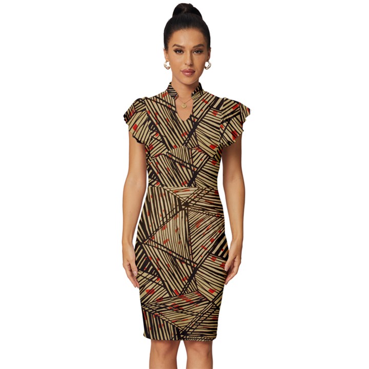 Abstract Geometric Pattern, Abstract Paper Backgrounds Vintage Frill Sleeve V-Neck Bodycon Dress