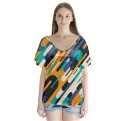 Abstract Rays, Material Design, Colorful Lines, Geometric V-neck Flutter Sleeve Top by nateshop