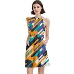 Abstract Rays, Material Design, Colorful Lines, Geometric Cocktail Party Halter Sleeveless Dress With Pockets