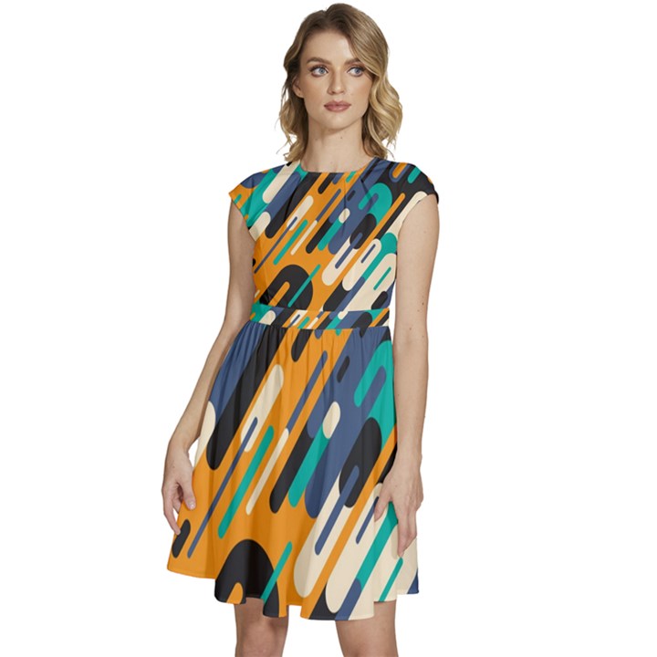 Abstract Rays, Material Design, Colorful Lines, Geometric Cap Sleeve High Waist Dress