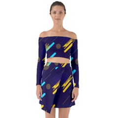 Blue Background Geometric Abstrac Off Shoulder Top With Skirt Set by nateshop