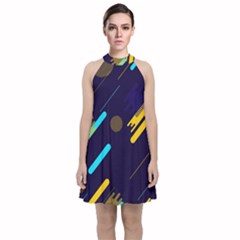 Blue Background Geometric Abstrac Velvet Halter Neckline Dress  by nateshop