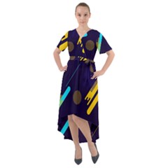 Blue Background Geometric Abstrac Front Wrap High Low Dress