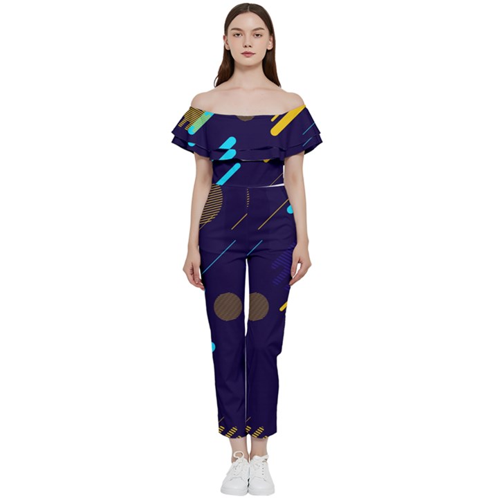 Blue Background Geometric Abstrac Bardot Ruffle jumpsuit