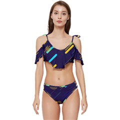 Blue Background Geometric Abstrac Ruffle Edge Tie Up Bikini Set	