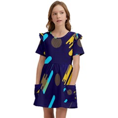 Blue Background Geometric Abstrac Kids  Frilly Sleeves Pocket Dress