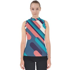 Blue Geometric Background, Abstract Lines Background Mock Neck Shell Top by nateshop