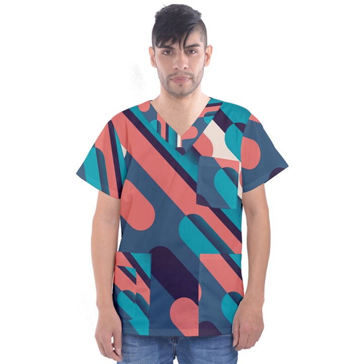 Blue Geometric Background, Abstract Lines Background Men s V-Neck Scrub Top