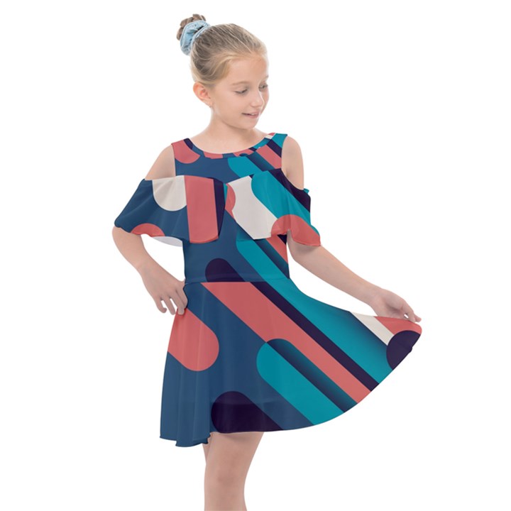 Blue Geometric Background, Abstract Lines Background Kids  Shoulder Cutout Chiffon Dress