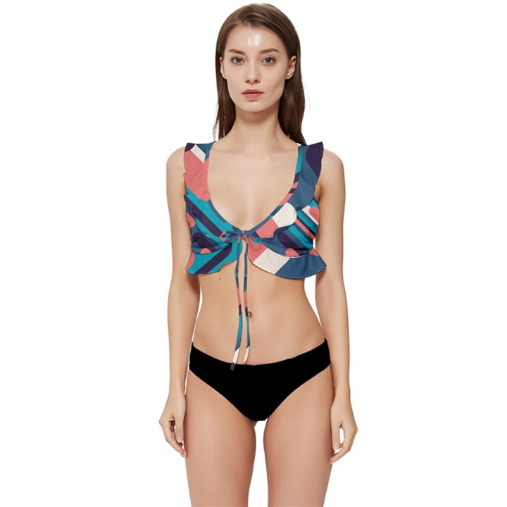 Blue Geometric Background, Abstract Lines Background Low Cut Ruffle Edge Bikini Top