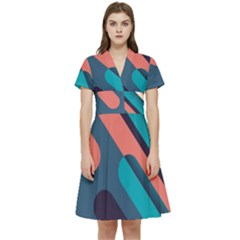 Blue Geometric Background, Abstract Lines Background Short Sleeve Waist Detail Dress by nateshop