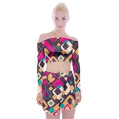 Colorful Abstract Background, Geometric Background Off Shoulder Top With Mini Skirt Set by nateshop