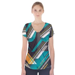 Material Design, Lines, Retro Abstract Art, Geometry Short Sleeve Front Detail Top