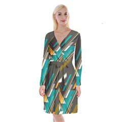 Material Design, Lines, Retro Abstract Art, Geometry Long Sleeve Velvet Front Wrap Dress by nateshop