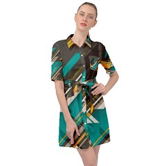 Material Design, Lines, Retro Abstract Art, Geometry Belted Shirt Dress by nateshop