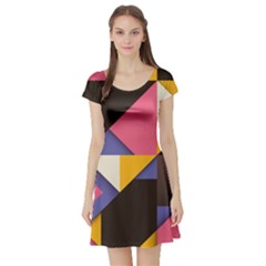 Retro Colorful Background, Geometric Abstraction Short Sleeve Skater Dress by nateshop