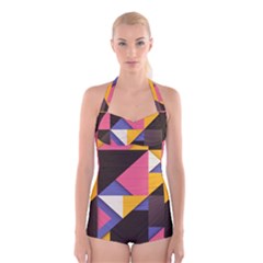 Retro Colorful Background, Geometric Abstraction Boyleg Halter Swimsuit  by nateshop