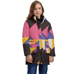 Retro Colorful Background, Geometric Abstraction Kids  Hooded Longline Puffer Jacket by nateshop