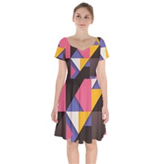 Retro Colorful Background, Geometric Abstraction Short Sleeve Bardot Dress