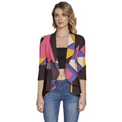 Retro Colorful Background, Geometric Abstraction Women s 3/4 Sleeve Ruffle Edge Open Front Jacket