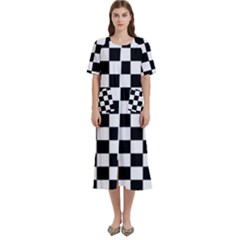 Black White Checker Pattern Checkerboard Women s Cotton Short Sleeve Night Gown by Grandong