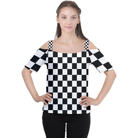 Black White Checker Pattern Checkerboard Cutout Shoulder T-shirt by Grandong