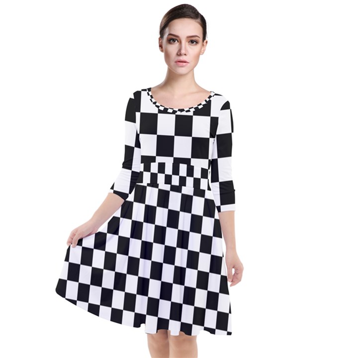 Black White Checker Pattern Checkerboard Quarter Sleeve Waist Band Dress