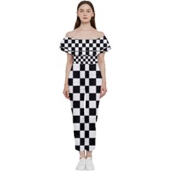 Black White Checker Pattern Checkerboard Bardot Ruffle Jumpsuit