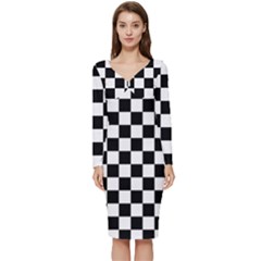 Black White Checker Pattern Checkerboard Long Sleeve V-neck Bodycon Dress  by Grandong