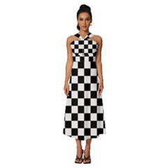 Black White Checker Pattern Checkerboard Sleeveless Cross Front Cocktail Midi Chiffon Dress by Grandong