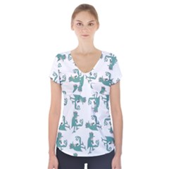 Creepy Monster Bird Drawing Motif Pattern Short Sleeve Front Detail Top