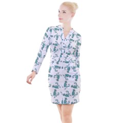 Creepy Monster Bird Drawing Motif Pattern Button Long Sleeve Dress by dflcprintsclothing