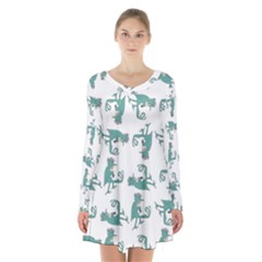 Creepy Monster Bird Drawing Motif Pattern Long Sleeve Velvet V-neck Dress